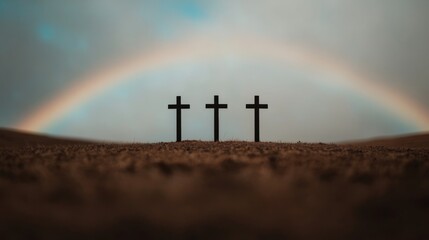 Fototapeta premium Three crosses under a rainbow on a hill in the afternoon. Three crosses on a hill of wet grass in the soft sunset light.