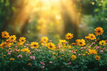 Obraz premium A field of yellow flowers with a bright sun shining on them