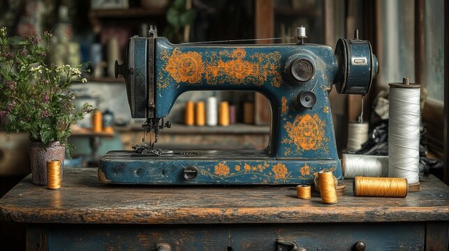 Vintage sewing machine on an old wooden table with colorful spools of thread. Generative AI