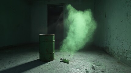 Green Smoke Rising from Cylinder in Abandoned Room with Tank