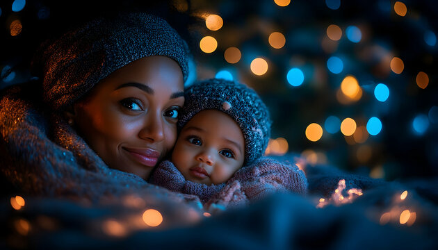 A Heartwarming Moment, Mother and Baby Embracing the Magic of Christmas Lights
