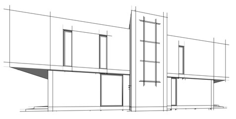Futuristic Architectural Wireframe. Abstract Modern Building Design in Digital Sketch Style