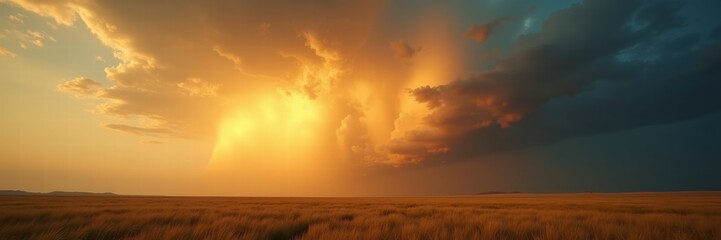 Naklejka premium Dramatic sky at sunset, featuring vibrant orange and blue hues over a vast field, capturing the beauty of nature's transitions.