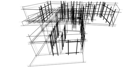Futuristic Architectural Wireframe. Abstract Modern Building Design in Digital Sketch Style