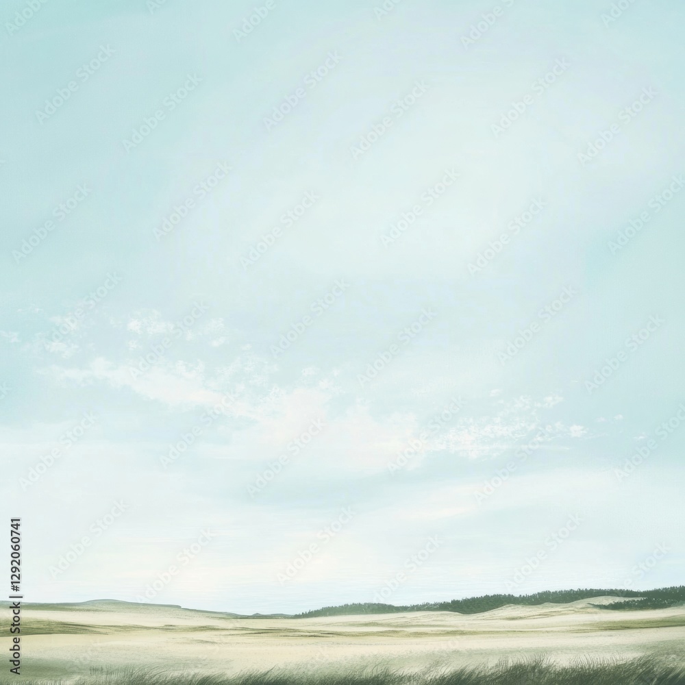 Poster Vast open landscape with gentle hills and distant trees under a tranquil sky during late afternoon. Generative AI
