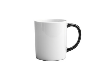 A white ceramic mug with a black handle, perfect for branding or personal use. Isolated on a transparent background for easy integration into designs.