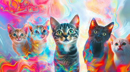 A mix of european shorthair cats posing playfully, set against a studio backdrop with a kaleidoscope of colors and abstract elements. Abstract Kaleidoscope Portrait. Illustration
