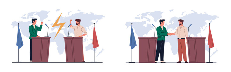 Concept international negotiations. Political meeting, disputes and agreements. Men on tribunes shaking hands or arguing. World diplomacy. Cartoon flat style isolated vector concept