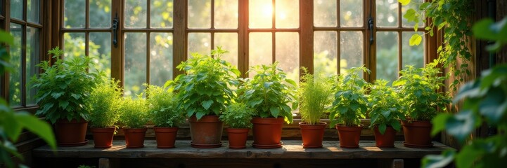 Fototapeta premium Sunlight streams through a rustic window, illuminating a row of vibrant green potted plants, creating a serene indoor gardening atmosphere.