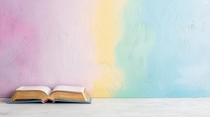 Open book on table, pastel wall background, reading, knowledge, education