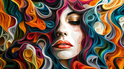 Obraz premium A striking portrait of a woman's face, framed by a cascade of vibrant, abstract paper swirls in a kaleidoscope of color. Abstract Kaleidoscope Portrait. Illustration