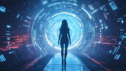 Fototapeta premium Woman Stepping into a Futuristic VR Portal