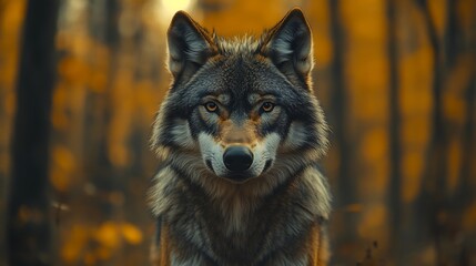 Wild wolf in mysterious forest scenery photo