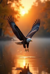 Obraz premium A majestic eagle swoops down over a tranquil lake at sunrise, capturing the beauty of nature in a moment of striking elegance and powerful grace.