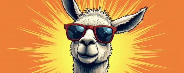Naklejka premium A cheerful llama wearing red sunglasses against a vibrant orange background, radiating fun and positivity. perfect for playful designs and marketing materials.