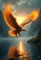 Obraz premium majestic eagle with vibrant, glowing wings soaring over a tranquil lake at sunset, surrounded by dramatic mountains and mist.