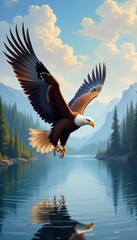 Fototapeta premium Majestic bald eagle soaring over a serene lake, framed by lush pine trees and majestic mountains, capturing the essence of freedom and beauty in nature.
