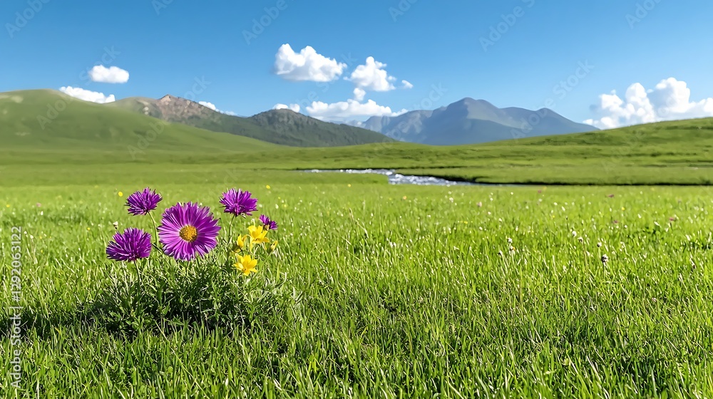 Canvas Prints Vibrant wildflowers bloom in a lush green meadow with mountains and a clear blue sky in the background