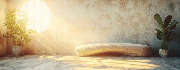 Sunlit Minimalist Interior with Modern Bench and Plants