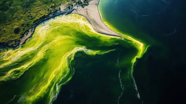 Aerial view of a lake with a massive green algae bloom near the shoreline, highlighting water pollution and environmental issues