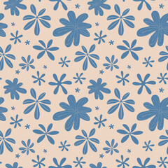 Seamless floral pattern features abstract blue flowers on a soft beige background. Modern and stylish, it's perfect for textiles, wallpapers, adding a retro-contemporary charm to design.