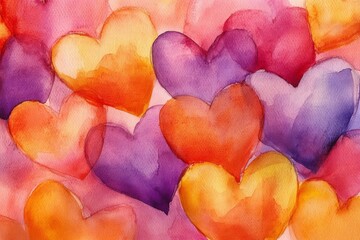 Romantic watercolor painting featuring overlapping orange and purple hearts, creating a vibrant and affectionate backdrop
