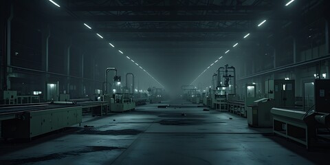Factory in total darkness except for emergency lights, power outage, industrial shutdown, energy failure

