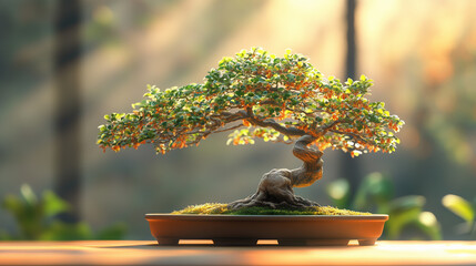 Photograph of a beautifully cultivated bonsai tree placed on a wooden table. The tree has a twisted trunk and meticulously pruned branches, with vibrant green leaves.