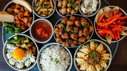 Delicious platter of diverse dishes including rice, vegetables, and meats