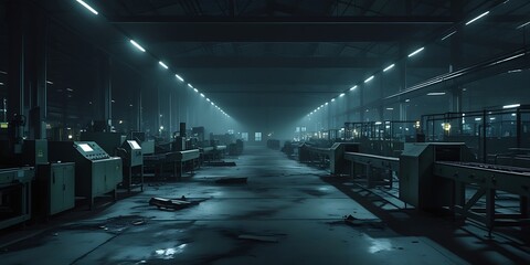 Factory in total darkness except for emergency lights, power outage, industrial shutdown, energy failure

