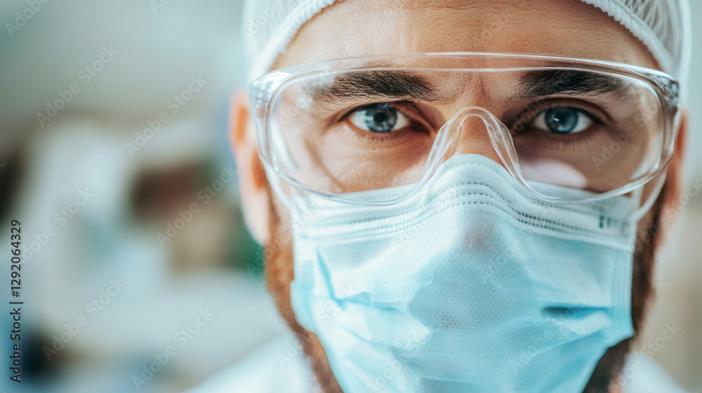 Poster scientist wearing protective gear, analyzing data near high-tech laboratory instruments during criti