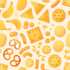 Cartoon salty snacks seamless pattern. Crispy chips, nachos, pretzels and crackers, repeated crunchy unhealthy beer food. Decor textile, wrapping, wallpaper. Print for fabric vector background