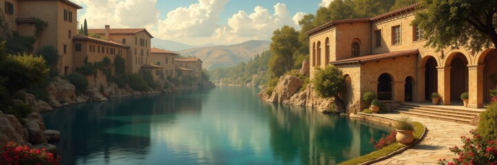 Obraz premium Scenic riverside view featuring serene water, lush greenery, and charming architecture, perfect for travel, branding, and lifestyle visuals.