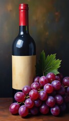 Obraz premium A beautiful still life featuring a bottle of red wine beside a cluster of fresh grapes, set against a rich, blurred background.