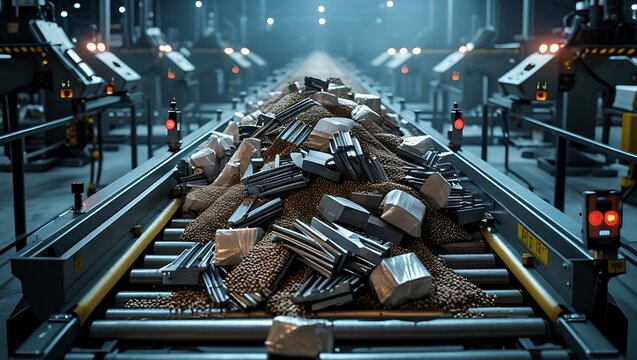 Conveyor belt jammed with unprocessed materials, supply chain failure, industrial bottleneck, production delay

