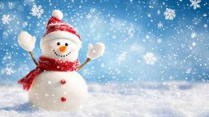 Fototapeta premium 3D cheerful snowman character on a blue background with snowflakes and snow. A cheerful banner for the celebration of merry winter holidays. Vector illustration.
