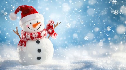 3D cheerful snowman character on a blue background with snowflakes and snow. A cheerful banner for the celebration of merry winter holidays. Vector illustration.