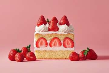 Delightful vanilla sponge cake topped with fresh strawberries and whipped cream.