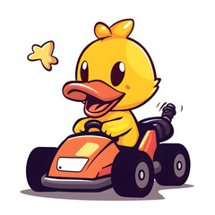 Fototapeta premium Entlein im Go-Kart Cartoon-Stil