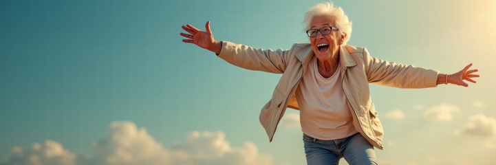 A joyful elderly woman embraces life with open arms against a vibrant sky, symbolizing happiness, freedom, and the beauty of aging.