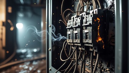 Overheated and burnt-out electrical panel, power surge damage, maintenance failure, electrical hazard

