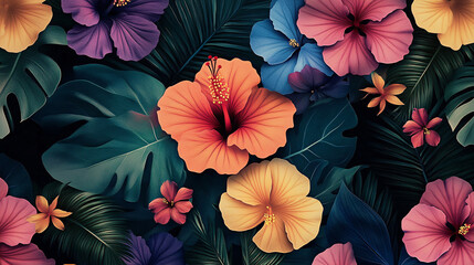 Obraz premium Vibrant floral pattern botanical art tropical environment nature artwork overhead view colorful hibiscus design