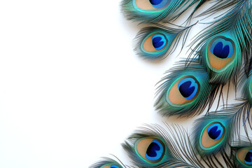 Obraz premium Peacock feathers arranged on a white background creating a vibrant and elegant composition