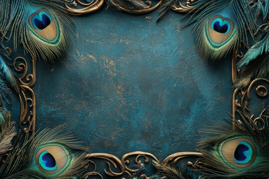 Peacock feathers and golden frame creating a border on teal background with copy space