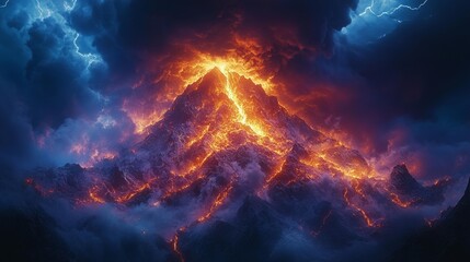 Fototapeta premium A Volcanic Eruption Lighting Up The Sky With Stormy Clouds and Lava. Generative AI