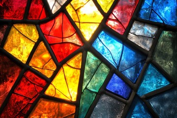 Sunlight illuminates a stained glass window, showcasing a vibrant mosaic of colorful glass pieces