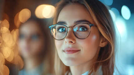 Close-up of businesswoman wearing eyeglasses and smiling with a blurred background and bokeh effect