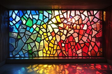 Sunlight is shining through a colorful stained glass window, creating rainbow reflections on the floor