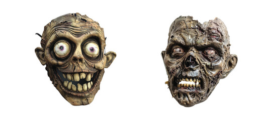 Two expressive zombie masks with bold features and creepy details for halloween costume fun