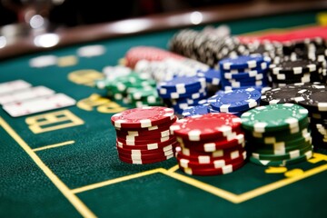 Close Up, Colorful Poker Chips Stacked on Green Felt Table, Gambling Entertainment, Game of Chance